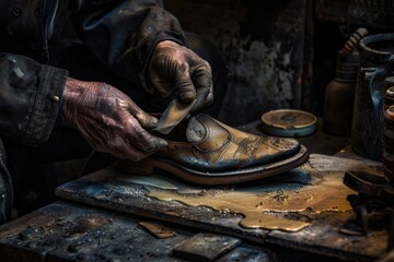 Poster - A man working on a shoe in a workshop. Ideal for shoe repair shop advertisement