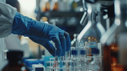 Poster - A person in a lab coat and blue gloves. Suitable for scientific and medical concepts
