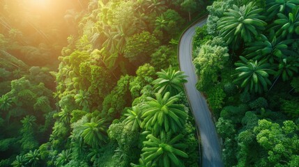 Poster - Aerial view of a winding road through lush green jungle under warm sunlight, showcasing the beauty of nature and tranquil scenery.