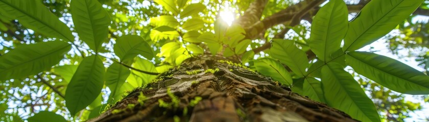 Poster - A mesmerizing view from the base of a tree looking up towards the sun through vibrant green leaves, offering a sense of nature's towering beauty.