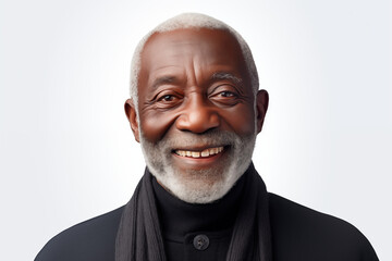Wall Mural - Smiling senior black man on white background. Topics related to old age. afro american. Africa. Retirement home. Retirement. Image for Graphic Designer. Senior residence. AI.