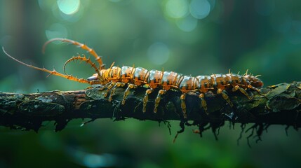 Poster - A caterpillar sitting on a branch in the forest. Suitable for nature and wildlife themes