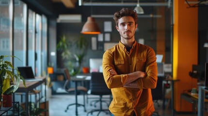 Poster - A man standing with arms crossed in an office. Suitable for business concept