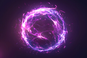 Wall Mural - Abstract neon energy sphere of particles and waves of magical glowing on a dark background, circle and loop frames with magic purple and pink flame and sparks isolated on transparent, 