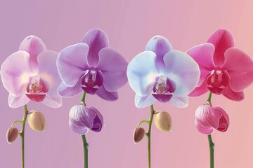 Wall Mural - Beautiful row of orchids against a vibrant pink background. Perfect for floral designs