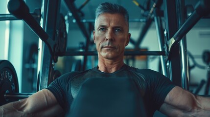 Aufkleber - A man in a black shirt working out on a fitness machine. Suitable for fitness and gym concepts