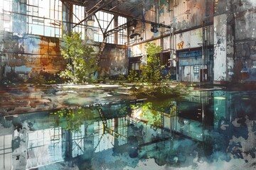 Aufkleber - A painting of a building with a pool of water. Suitable for architectural and real estate concepts