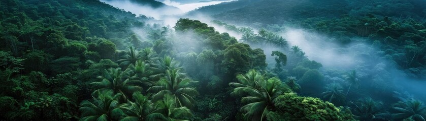 Poster - Aerial view of lush green rainforest covered in mist, creating a serene and mystical atmosphere in the dense tropical jungle.
