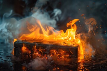 Aufkleber - A box engulfed in flames with smoke billowing out. Ideal for illustrating fire hazards