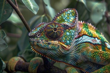 Poster - A vibrant chameleon perched on a tree branch. Ideal for nature and wildlife themed projects