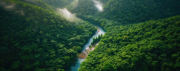Poster - Aerial view of a winding river surrounded by lush green forest, with misty mountains in the background, showcasing the beauty of nature.