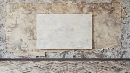 Blank wheat paste mockup on a herringbone parquet wall, realistic empty poster for street art display.