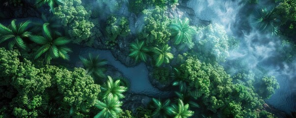 Poster - Aerial view of a lush rainforest with dense green foliage and a winding river surrounded by mist and clouds, creating a mystical atmosphere.