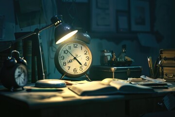 Poster - A clock sitting on top of a desk next to a lamp. Suitable for office or workspace concepts