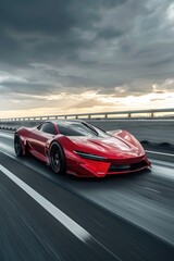 Aufkleber - A red sports car speeding down a highway. Perfect for automotive or travel concepts
