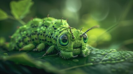 Canvas Print - Close-up of a green caterpillar resting on a leaf. Perfect for educational materials or nature-themed designs