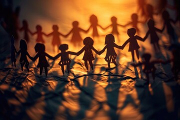 Poster - Group of paper people holding hands in a circle. Suitable for team building concepts