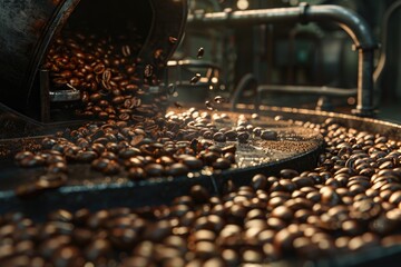 Aufkleber - Coffee beans being roasted on a conveyor belt. Suitable for coffee industry promotions