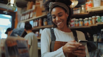 Poster - Woman smiling while using cell phone. Great for technology concepts