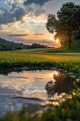 Aufkleber - A beautiful sunset scene over a golf course. Perfect for golf enthusiasts and nature lovers