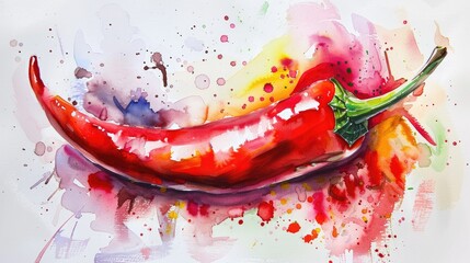 Wall Mural - Watercolor painting of a fiery red chili pepper depicting spicy cuisine