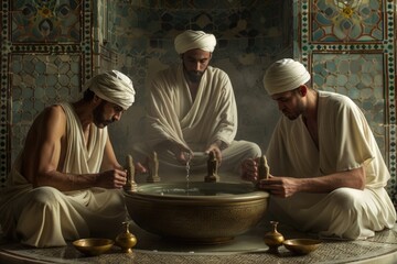Poster - A group of men sitting around a bowl of water. Ideal for business meetings or discussions