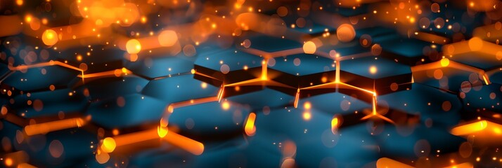 Poster - blue and orange background with hexagonal shapes and lights