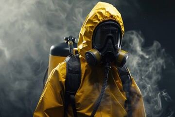 Poster - A man wearing a yellow jacket and a gas mask. Suitable for industrial or environmental themes