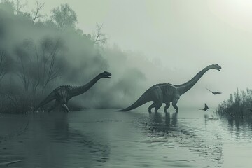 Poster - Two dinosaurs crossing a river, suitable for educational materials