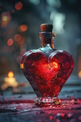 Poster - Red heart shaped glass bottle on table, ideal for romantic concepts