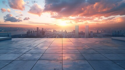 Perspective view of an empty concrete floor on a modern rooftop, with a stunning sunset cityscape in the background.