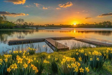 Aufkleber - Beautiful sunset over a serene lake with daffodils in the foreground. Ideal for nature and landscape themes