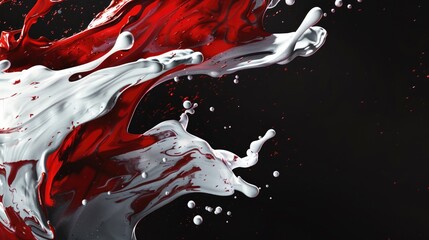 Poster - Vibrant red and white liquid splashing on a dark black surface. Perfect for dynamic and eye-catching designs