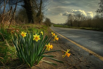 Poster - Bright yellow daffodils growing by the side of a road. Suitable for spring and nature-themed designs