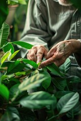 Poster - A man carefully trimming leaves off a plant. Can be used for gardening or agriculture concepts