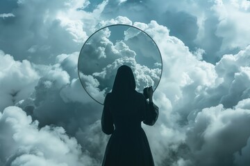 Aufkleber - Woman holding mirror in front of cloudy sky, suitable for reflection concept