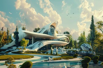 Poster - A modern city building with a beautiful waterfall in the foreground. Suitable for urban architecture concepts
