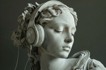 Poster - A statue of a woman wearing headphones. Ideal for music or technology concepts