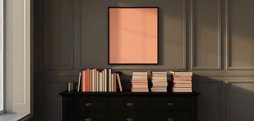 Wall Mural - Moody dark gallery room, black dresser, books in light salmon, square poster presentation. 3D rendering.