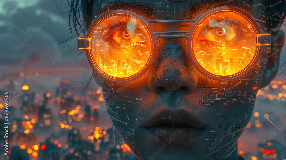 Orange glowing glasses woman face adorned with intricate circuitry art ...
