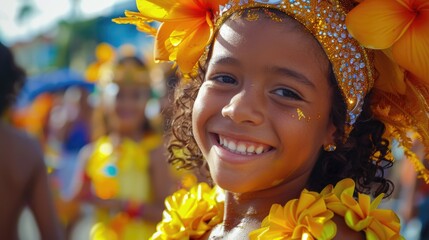 Wall Mural - A young girl wearing a yellow flower headdress. Ideal for spring or summer-themed designs