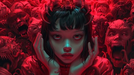 Aufkleber - young girl surrounded by menacing red demon faces art digital. haunted japanese female. horror fanta