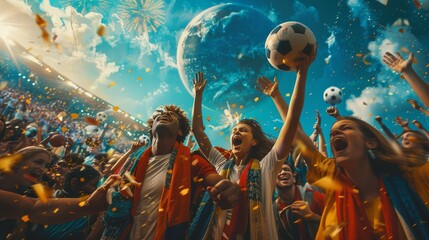 Wall Mural - A group of people are celebrating a soccer game