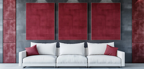 Wall Mural - Elegant space showcasing three blank crimson canvases and white sofa, 3D rendering.