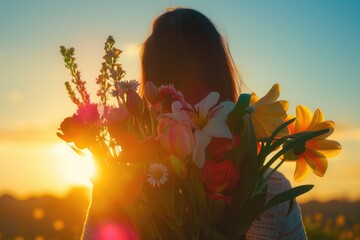 Poster - A woman holding a bunch of flowers in front of the sun. Ideal for lifestyle and nature concepts