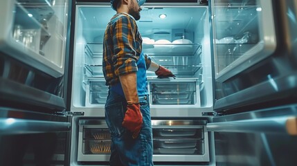 Wall Mural - A technician repairing a fridge, with the interior of an expensive. Generative AI.