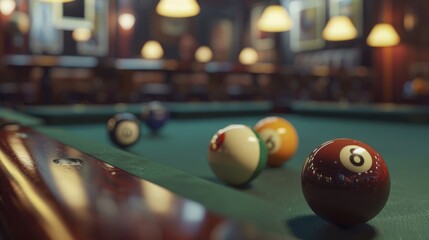 Poster - Image of billiard balls on a pool table, suitable for sports and leisure concepts