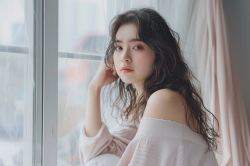 Aufkleber - A woman sitting in front of a window, suitable for various concepts