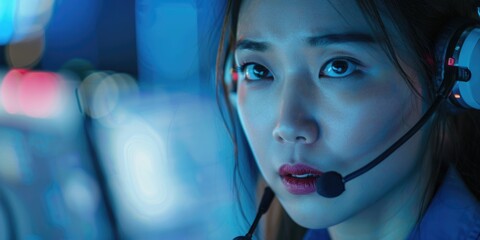 Aufkleber - A woman wearing a headset and microphone, suitable for business and communication concepts
