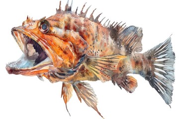 Poster - Detailed watercolor painting of a fish with its mouth open. Perfect for educational materials or nature-themed designs